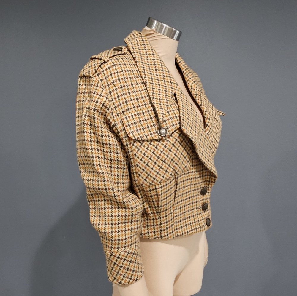 ATELIER SAB Women Wool Houndstooth Cream Brown Orange Cropped Jacket M/L - Picture 3 of 10